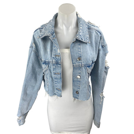 Zara Women's Blue Light Wash Long Sleeve Distressed Crop Denim Jean Jacket Sz XS