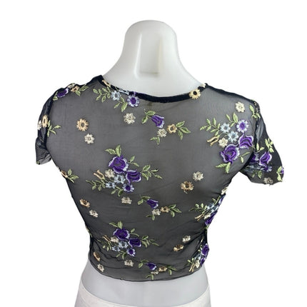 Urban Outfitters Black Lilac Floral Embroidered Sheer Short Sleeve Crop Top S