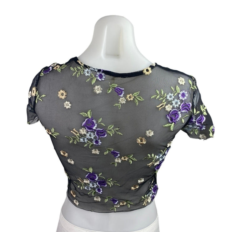Urban Outfitters Black Lilac Floral Embroidered Sheer Short Sleeve Crop Top S