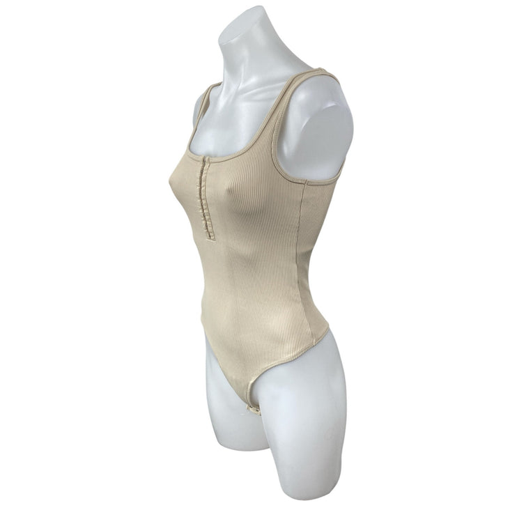 NEW Abercrombie & Fitch Cream Sleeveless Zip Knit Thong Tank Bodysuit Top Size S