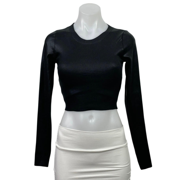 Zara Women's Black Ribbed Knit Sculpt Crew Neck Long Sleeve Crop Top Size XS