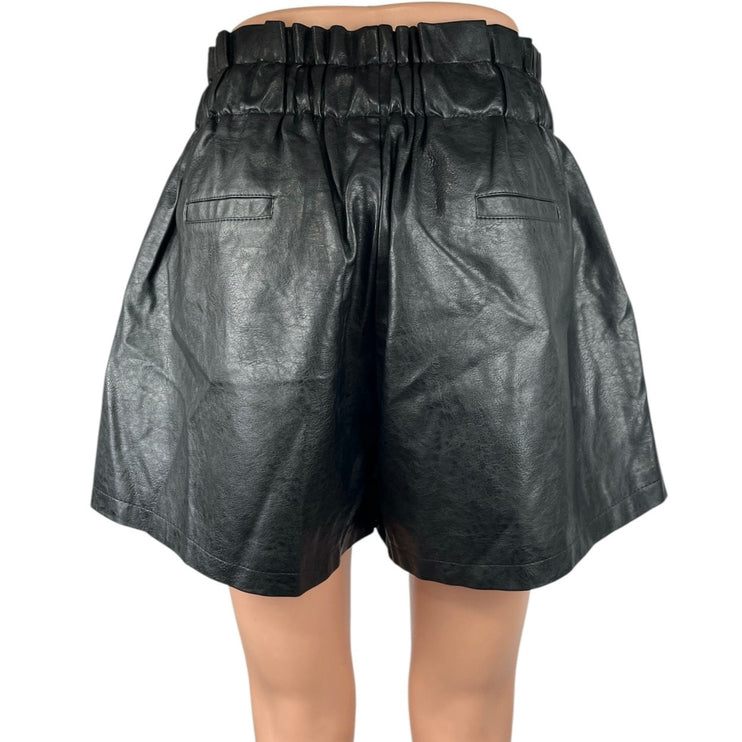 Women's Black Faux Leather High Waist Wide Leg Elastic Waist Shorts XL