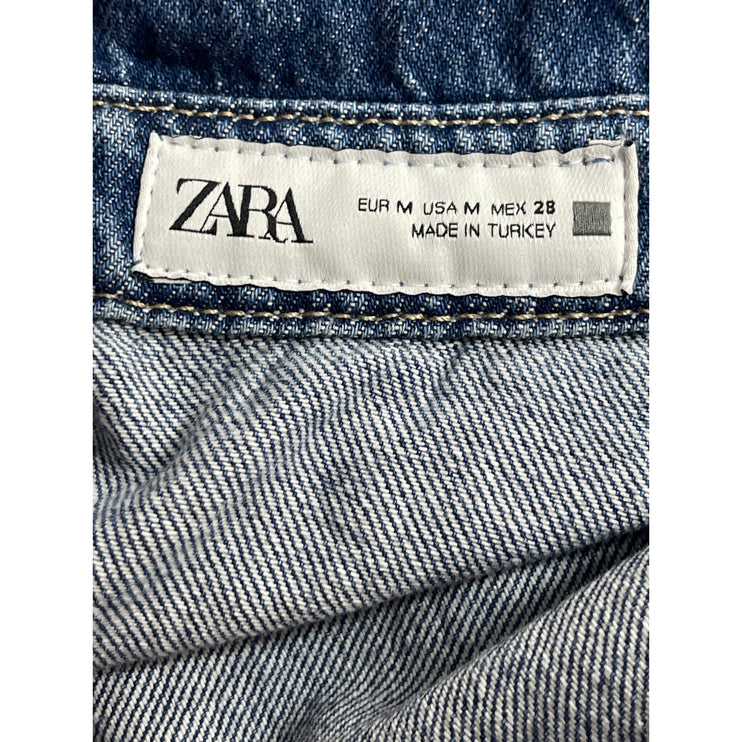 Zara Womens Blue Denim Collared Cap Sleeve Button Down Mini A-Line Shirt Dress M