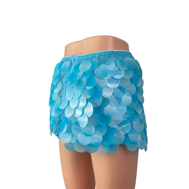 Women's Blue Sequin Shell Mermaid Sparkly High Rise Mini Casual Skirt Size L
