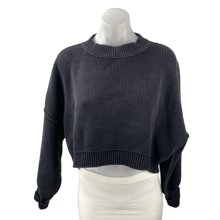 Free People Easy Street Ribbed Knit Black Mock Neck Long Sleeve Sweater Top Sz S