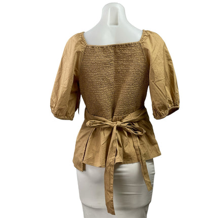 NEW Old Navy Brown Short Puff-Sleeve Smocked Back V-neck Wrap Tie Blouse Top L
