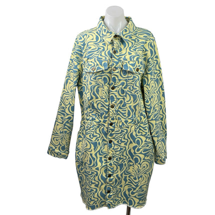 Fashion Nova Green Geomtric Long Sleeve Button Down Denim Jean Shirt Dress XL