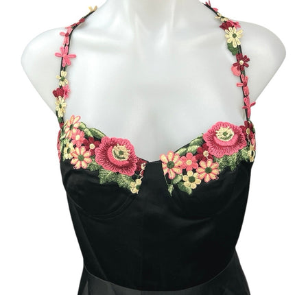 NEW JJ's House Black Silk Satin Floral Embroidered Mini Fit & Flare Dress Sz 10