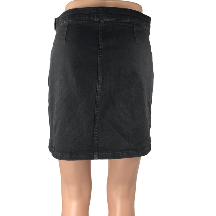Free People Notched Black Asymmetric Side Button Mini Wrap Denim Jeans Skirt 8