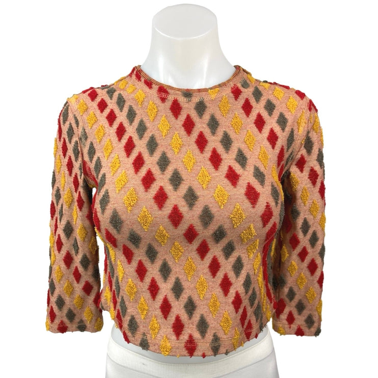 Free People Magic Carpet Tan Multicolor Crewneck 3/4 Sleeve Tee Crop Top Size XS