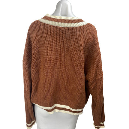 VICI Brown Cream Long Sleeve Ribbed Knit V Neck Boxy Crop Sweater Top Size M