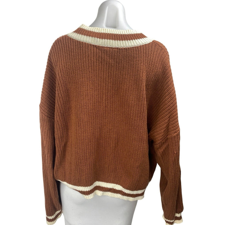 VICI Brown Cream Long Sleeve Ribbed Knit V Neck Boxy Crop Sweater Top Size M