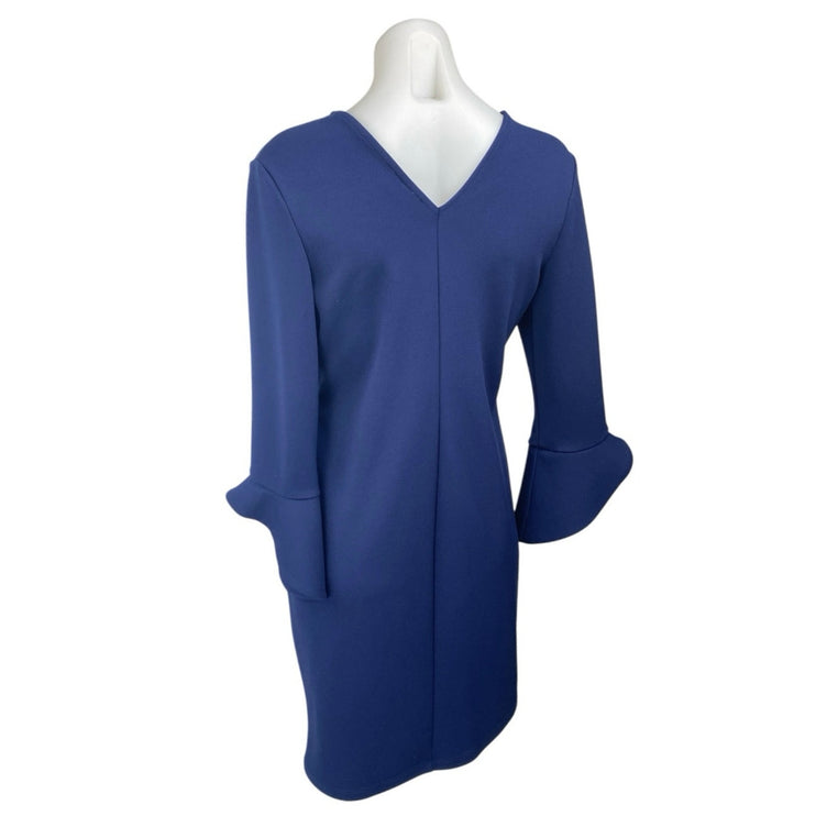 Renvy Women's Blue Long Bell Sleeve V Neck Stretch Mini Shift Dress Size M