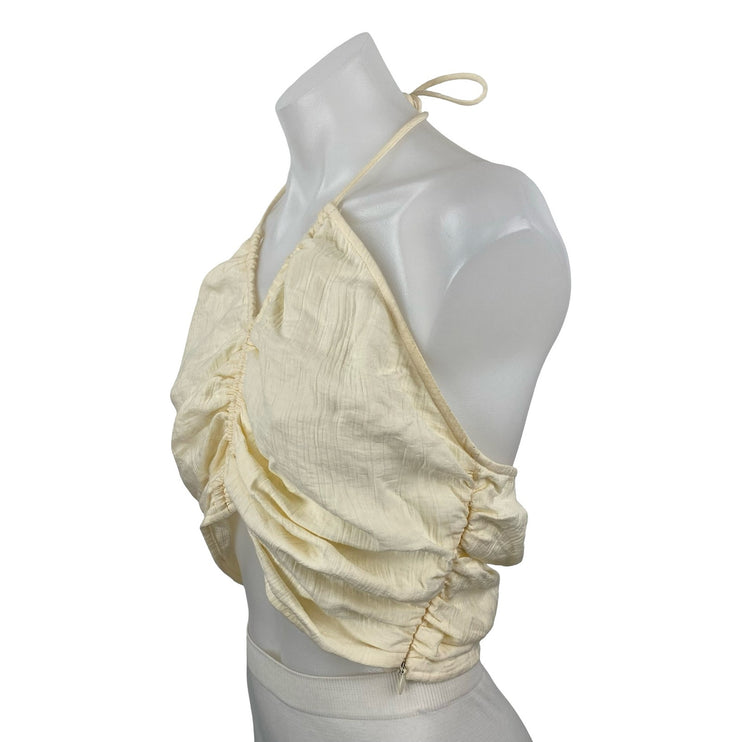 Zara Yellow Halter V Neck Ruched Sleeveless Backless Open Back Crop Top Size M