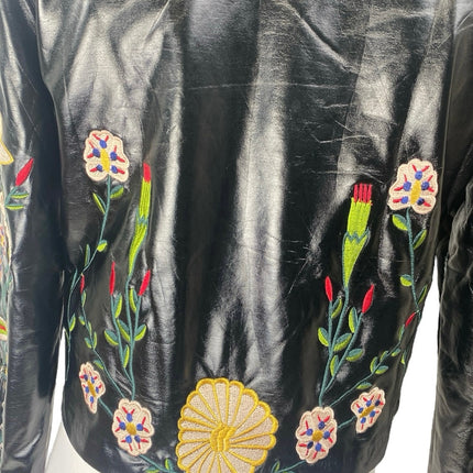 Ellie White Black Patent Faux Leather Studded Floral Embroidered Moto Jacket S