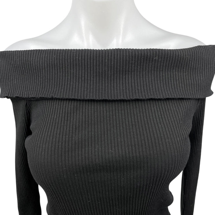 Emory Park Black Off Shoulder Open Cutout Back Ribbed Knit Crop Sweater Top L