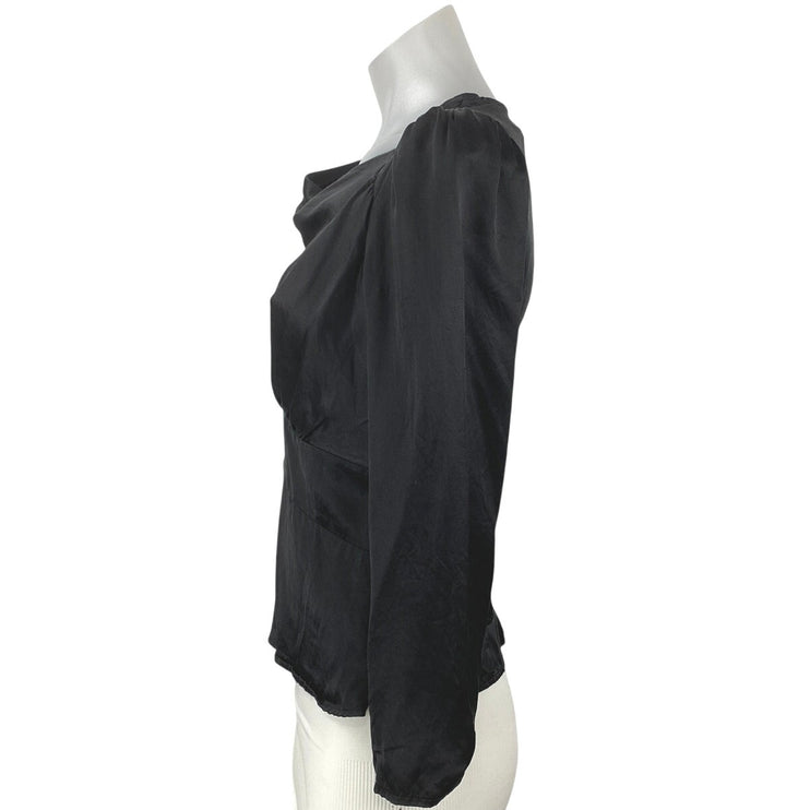 Reformation Roe 100% Silk Black Ruched Boat Neck Long Sleeve Peplum Blouse Top 4