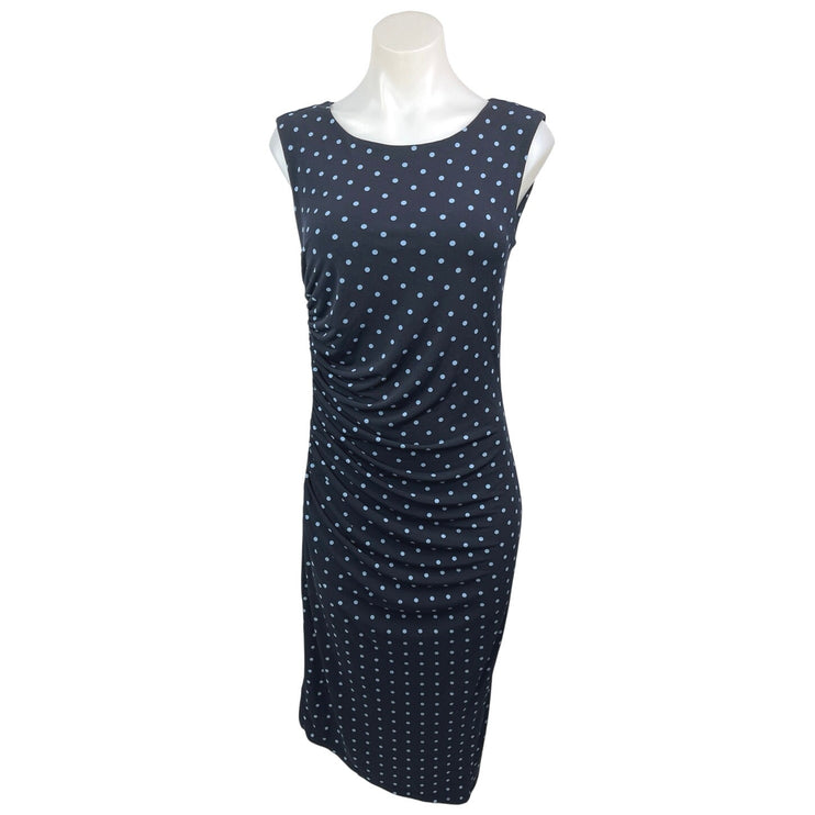 Vince Camuto Navy Blue Polka Dots Sleeveless Ruched Knit Midi Bodycon Dress XS