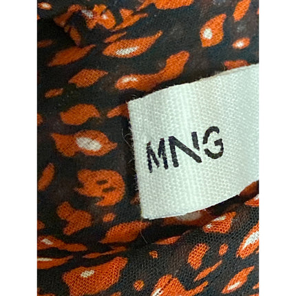 Mango MNG Brown Printed Ruffle Button Up Long Puff Sleeve Sheer Blouse Top Sz 4
