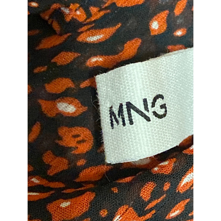 Mango MNG Brown Printed Ruffle Button Up Long Puff Sleeve Sheer Blouse Top Sz 4