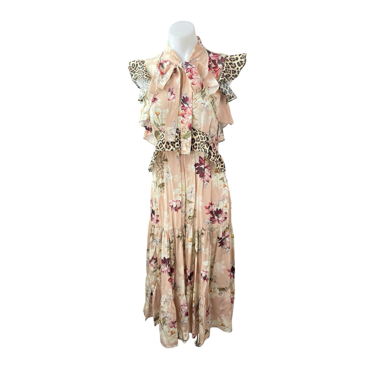 Kachel Coral Floral Leopard Ruffle Tie Pleated Tiered A Line Midi Dress Size 4