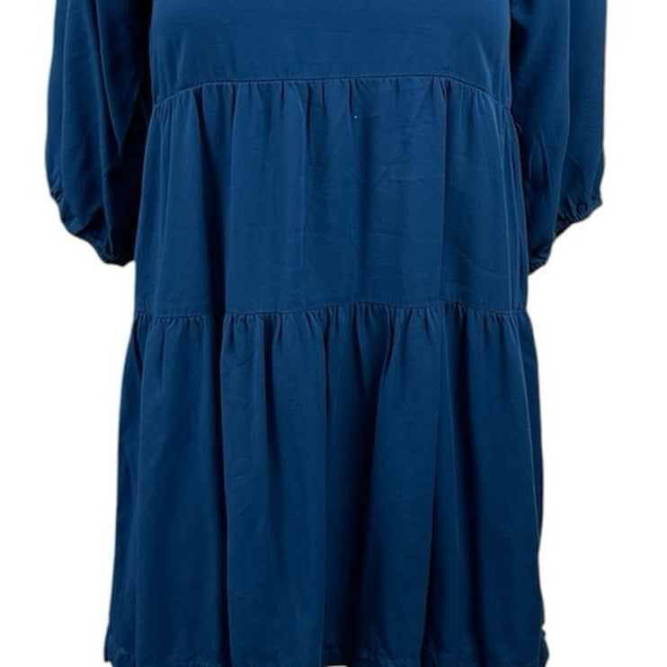 Shinestar Blue Square Neck 3/4 Sleeve Tiered Mini Babydoll Flare A-Line Dress XS