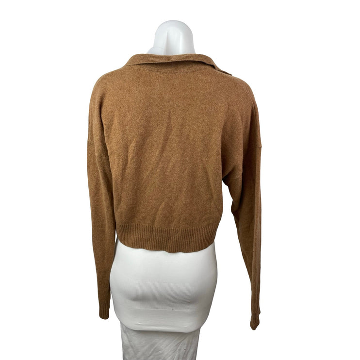 Reformation Camel Tan 100% Cashmere Long Sleeve Cropped Polo Sweater Top Size S