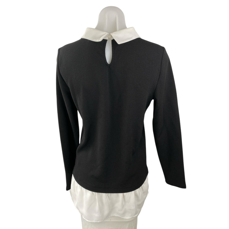 Adrianna Papell Women's Black Collared Layered Long Sleeve Tunic Blouse Top Sz S