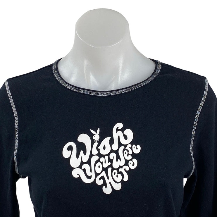 Playboy x Pacsun Wish You Were Here Black Graphic Long Sleeve Crop T-Shirt Sz L