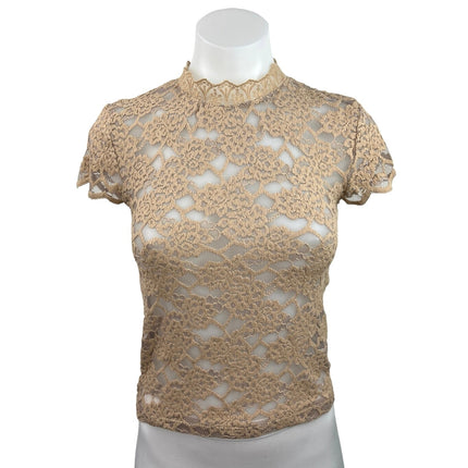 Zara Women's Beige Mock Neck Cap Sleeve Embroidered Lace Blouse Tee Top Size S