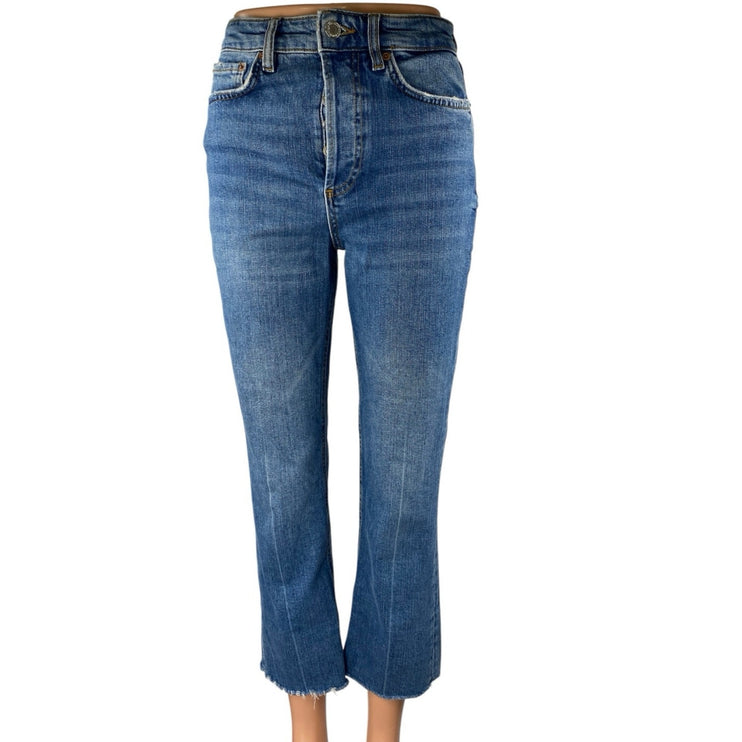 Zara The Dreed Flare Blue High Rise Medium Wash Raw Hem Crop Denim Jeans Size 4