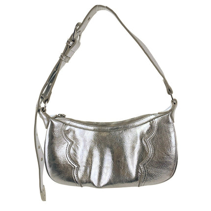 MNG Mango Metallic Silver Faux Leather Vegan Stitch Adjustable Shoulder Bag OS