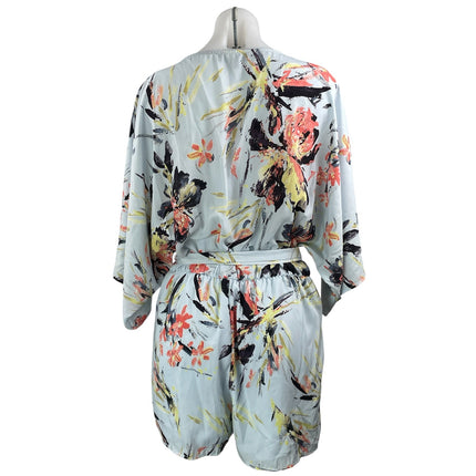 NEW Lulus Paraiso Light Blue 3/4 Sleeves Floral Wrap Kimono Jumpsuit Romper Sz L