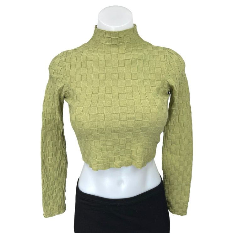 L.A. Heart Green Checker Stitch Mock Neck Long Sleeve Cropped Sweater Top Size S