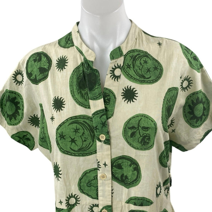 Zara Green Multicolor Printed Pleated Short Sleeve Button Down Shirt Dress Sz S