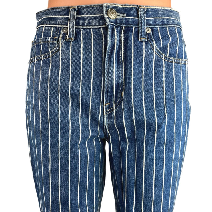 American Eagle Womens Blue Denim Striped High Waist Crop Mom Jeans Pants Size 2