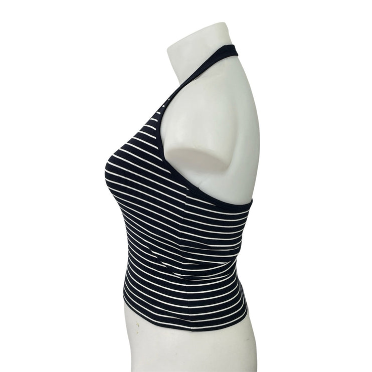Uniqlo Black White Striped Sleeveless Halter Neck Backless Crop Tank Top Size XL