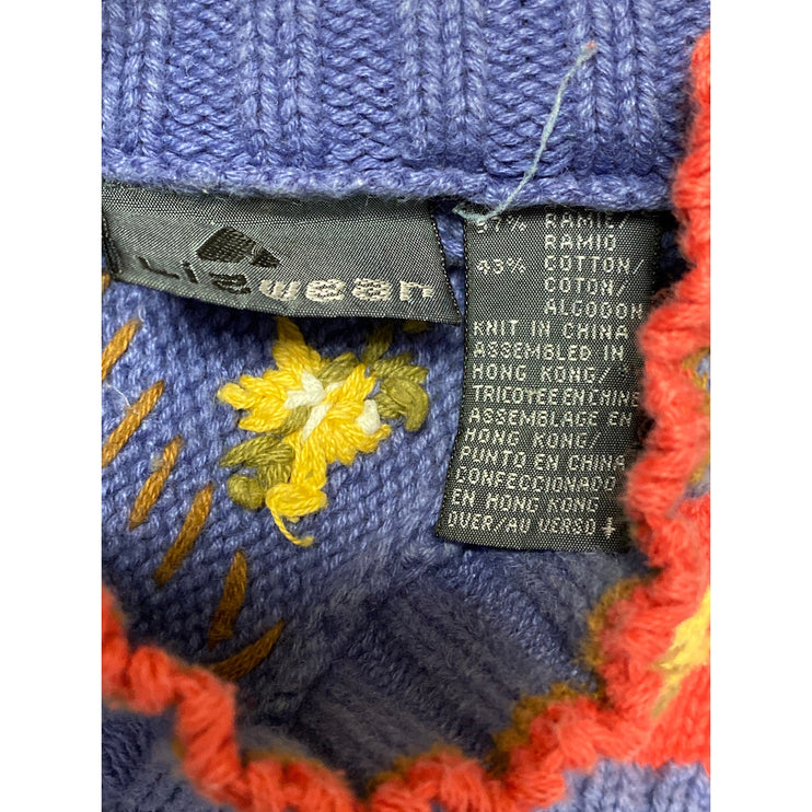 Lizwear Liz Claiborne Blue Ribbed Knit Floral Paisley Stitch Crewneck Sweater S