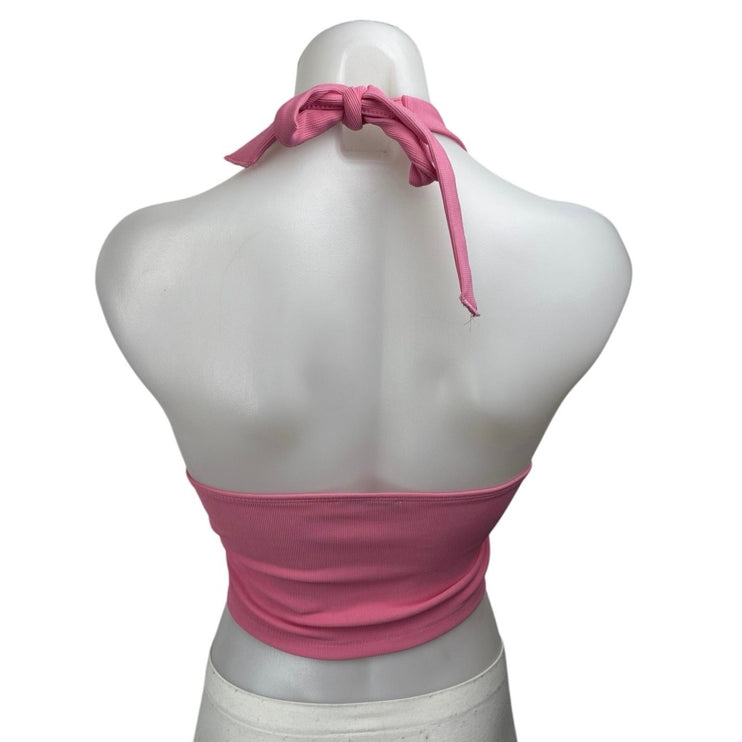 Stradivarius Women's Pink Sleeveless V-neck Halter Tie Backless Crop Tank Top M