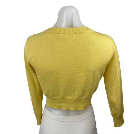 Mak Women's Yellow V Neck 3/4 Sleeve Button Down Crop Cardigan Sweater Top Sz L