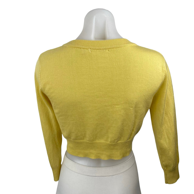 Mak Women's Yellow V Neck 3/4 Sleeve Button Down Crop Cardigan Sweater Top Sz L