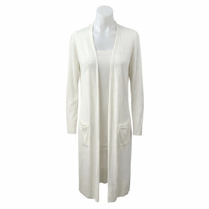 Rachel Zoe Womens White Linen Long Sleeve Longline Duster Cardigan Sweater Top M