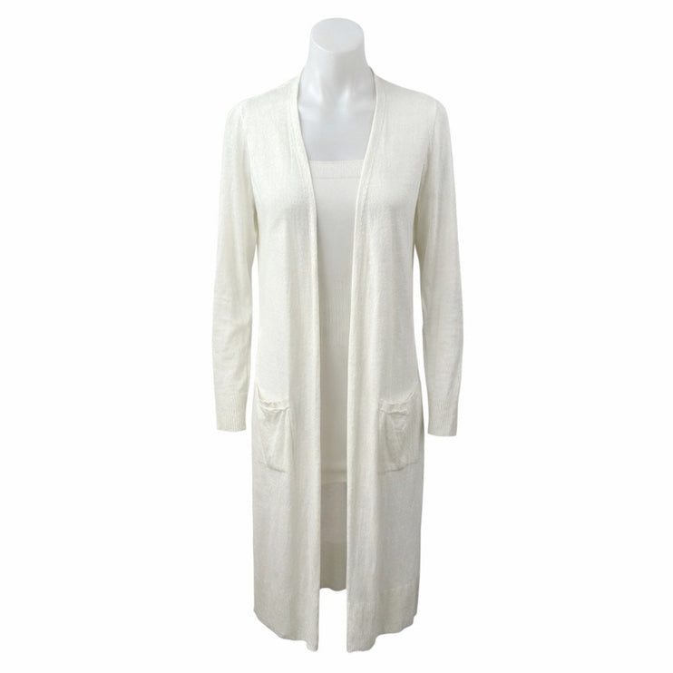 Rachel Zoe Womens White Linen Long Sleeve Longline Duster Cardigan Sweater Top M