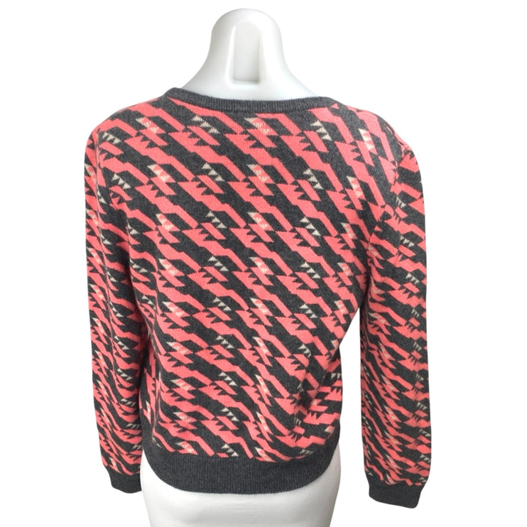 Aqua Red Black 100% Cashmere Geometric Long Sleeve Button Up Cardigan Sweater L