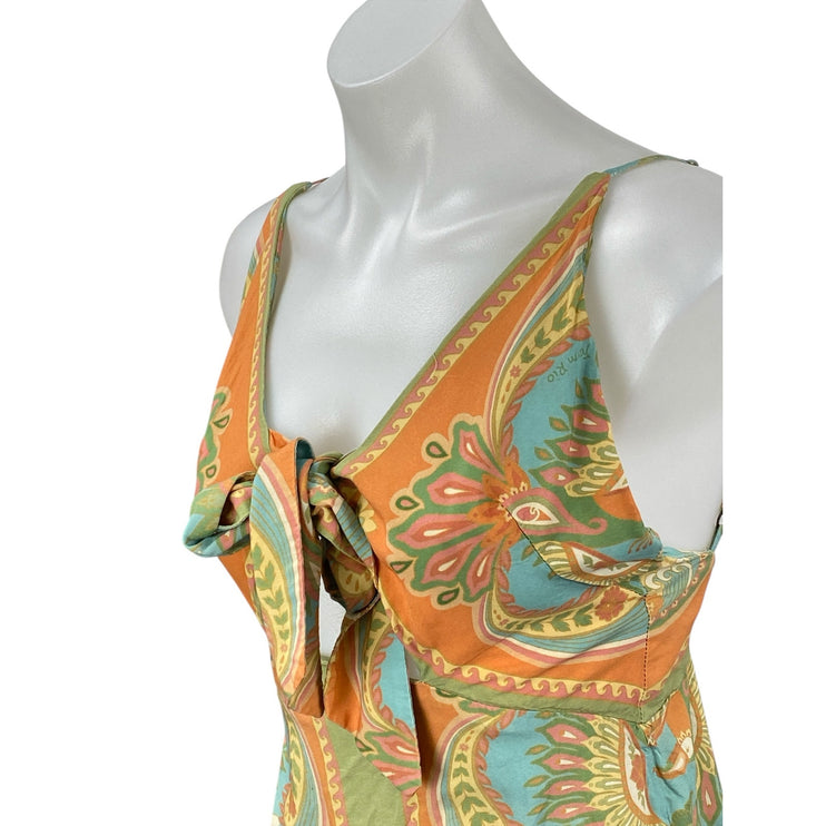 Farm Rio Coral Green Floral Paisley Tie Sleeveless Cami Backless Mini Dress M
