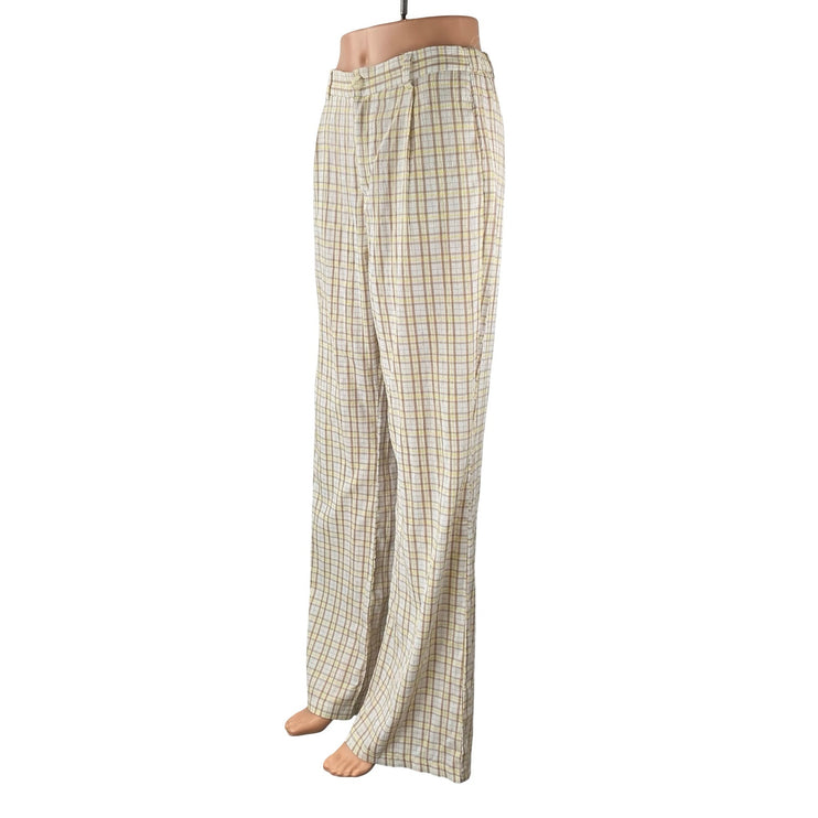Adika Women's Beige Plaid High Rise Wide Leg Baggy Pleated Trousers Pants Size M