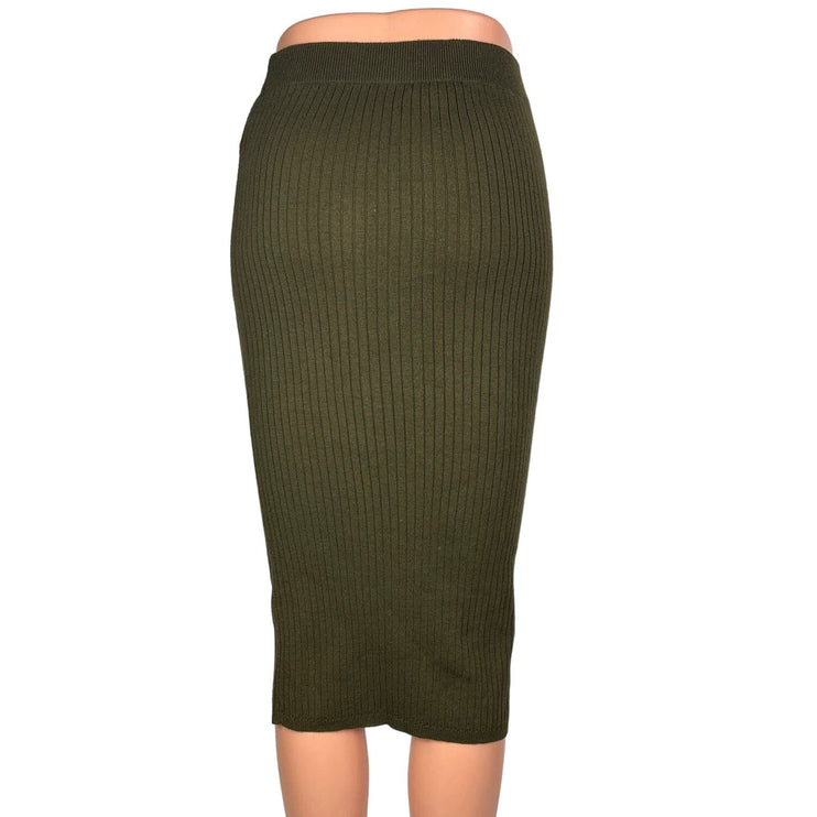 Forever 21 Olive Green Cotton Sweater Rib High Waist Midi Pencil Skirt Size S