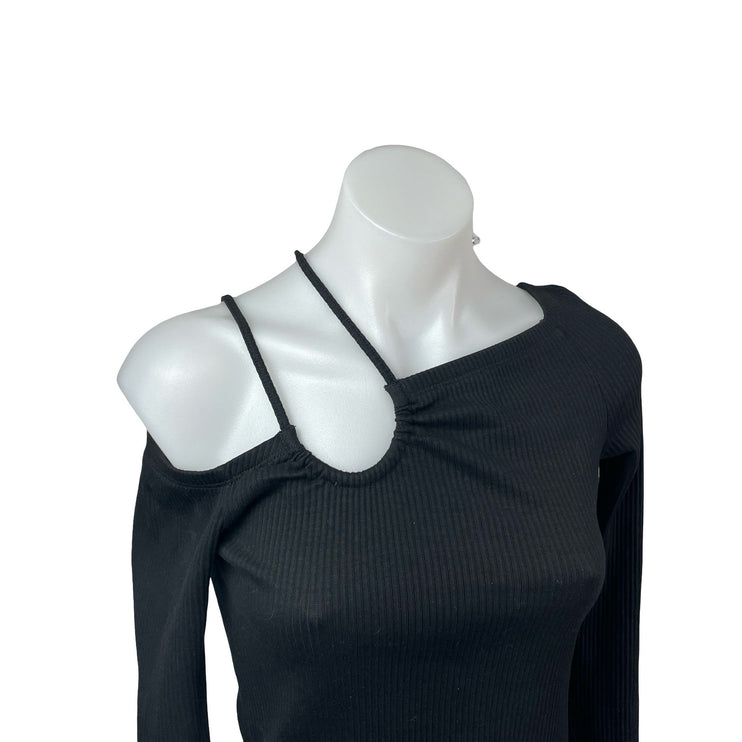 Oak + Fort Women's Black Ribbed Off Shoulder Long Sleeve Crop Tee T-Shirt Top XS
