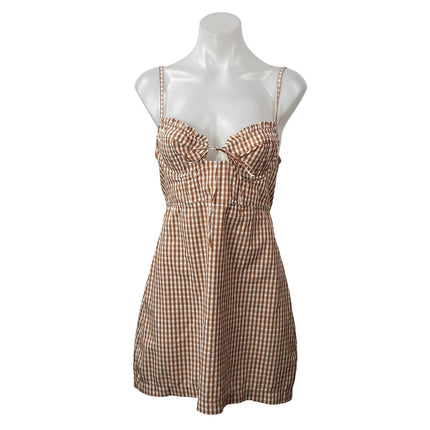 Urban Outfitters Kitty Brown White Sleeveless Gingham Bustier A-line Dress Sz M