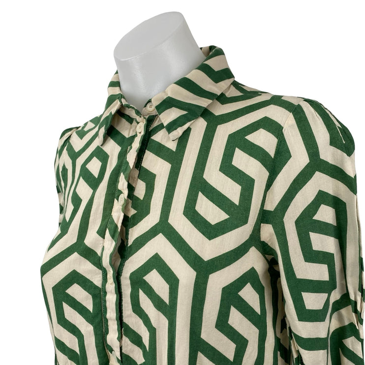Zara Karen Green Geometric Long Sleeve Button Tiered A Line Midi Dress Size XS